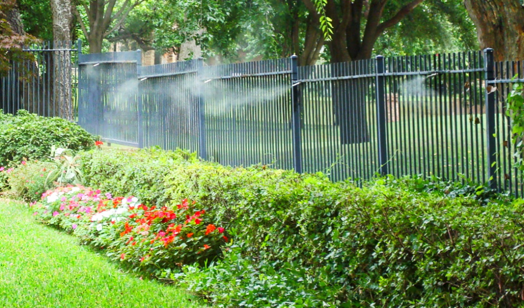 Mosquito control misting system along a residential fence for pest management franchise business