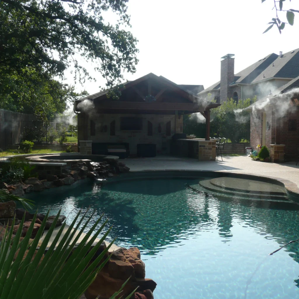 Mosquito control misting system by the pool in a residential backyard for pest control franchise business